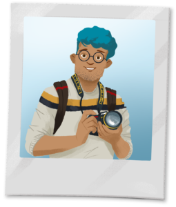 A man with blue hair holds a camera