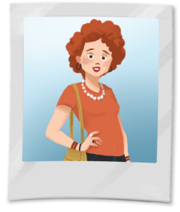 A woman in a orange shirt stands with hand on hip