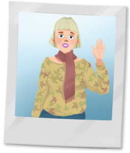 A woman with blond hair waves