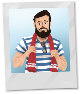 A man with a beard in a striped shirt and red scarf