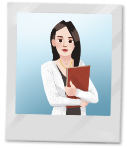 A woman in a white jacket holds a folder